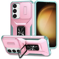 Per Samsung Galaxy S24 5G Custodia per telefono con supporto scorrevole Camshield (rosa + grigio verde)