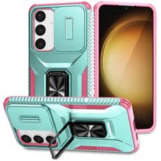 Custodia per telefono con supporto scorrevole Camshield per Samsung Galaxy S24 5G (grigio verde + rosa)