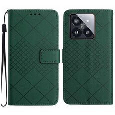 Custodia per telefono in pelle con struttura a griglia rombica per Xiaomi 14 Pro (verde)