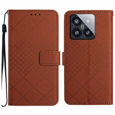 Custodia per telefono in pelle con struttura a griglia rombica per Xiaomi 14 Pro (marrone)