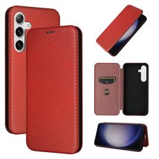 Custodia per cellulare in pelle flip con texture in fibra di carbonio per Samsung Galaxy S24 5G (marrone)