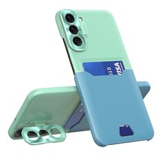 Per Samsung Galaxy S22 5G Custodia per telefono con supporto per obiettivo invisibile bicolore (verde menta + blu)