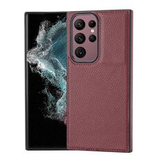 Custodia per telefono con montaggio laterale cucita con motivo litchi per Samsung Galaxy S22 Ultra 5G (rosso scuro)