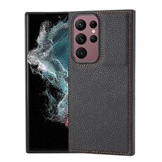 Per Samsung Galaxy S22 Ultra 5G Custodia per telefono con motivo litchi cucita lateralmente (nera)