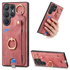 Per Samsung Galaxy S21 Ultra 5G Custodia per telefono con sacchetto per carte ad anello effetto pelle retrò con anello per appendere (rosa)