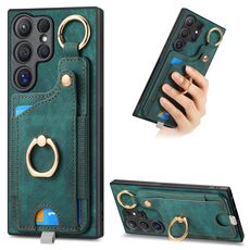 Per Samsung Galaxy S21 Ultra 5G Custodia per telefono con sacchetto per carte ad anello effetto pelle retrò con anello per appendere (verde)