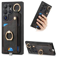 Per Samsung Galaxy S21 Ultra 5G Custodia per telefono con sacchetto per carte ad anello retro skin-feel con anello per appendere (nero)