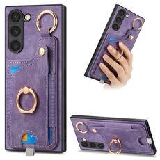 Per Samsung Galaxy S22+ 5G Custodia per telefono con sacchetto per carte ad anello retrò con sensazione di pelle e anello per appendere (viola)