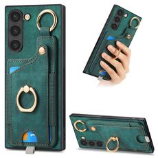 Per Samsung Galaxy S22+ 5G Custodia per telefono con sacchetto per carte ad anello retro skin-feel con anello per appendere (verde)