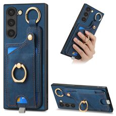 Per Samsung Galaxy S22+ 5G Custodia per telefono con sacchetto per carte ad anello retro skin-feel con anello per appendere (blu)