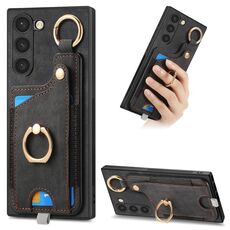 Per Samsung Galaxy S22+ 5G Custodia per telefono con sacchetto per carte ad anello retro skin-feel con anello per appendere (nero)