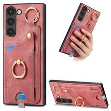 Per Samsung Galaxy S23+ 5G Custodia per telefono con sacchetto per carte ad anello retro skin-feel con anello per appendere (rosa)