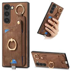Per Samsung Galaxy S23+ 5G Custodia per telefono con sacchetto per carte ad anello retro skin-feel con anello per appendere (marrone)