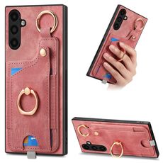 Per Samsung Galaxy S23 FE 5G Custodia per telefono con sacchetto per carte ad anello effetto pelle retrò con anello per appendere (rosa)