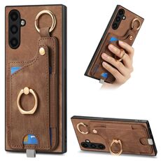 Per Samsung Galaxy S23 FE 5G Custodia per telefono con sacchetto per carte ad anello retrò con sensazione di pelle e anello per appendere (marrone)