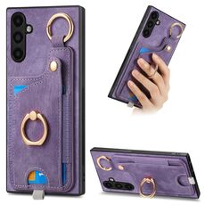 Per Samsung Galaxy S23 FE 5G Custodia per telefono con sacchetto per carte ad anello retrò con sensazione di pelle e anello per appendere (viola)