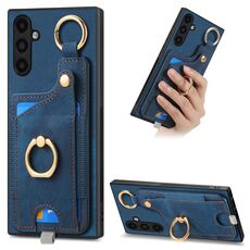 Per Samsung Galaxy S23 FE 5G Custodia per telefono con sacchetto per carte ad anello retro skin-feel con anello per appendere (blu)