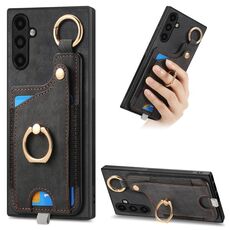 Per Samsung Galaxy S23 FE 5G Custodia per telefono con sacchetto per carte ad anello retro skin-feel con anello per appendere (nero)