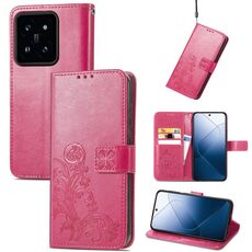Custodia per telefono in pelle goffrata con chiusura a quattro foglie Xiaomi 14 (magenta)