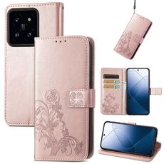 Per la custodia del telefono in pelle goffrata con chiusura a quattro foglie Xiaomi 14 (oro rosa)