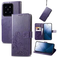 Per la custodia del telefono in pelle goffrata con chiusura a quattro foglie Xiaomi 14 (viola)