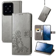 Per la custodia del telefono in pelle goffrata con chiusura a quattro foglie Xiaomi 14 Pro (grigio)