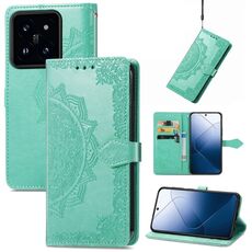 Custodia per telefono in pelle goffrata con fiori Mandala per Xiaomi 14 Pro (verde)