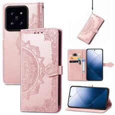 Per Xiaomi 14 Pro Custodia per telefono in pelle con fiore mandala in rilievo (oro rosa)