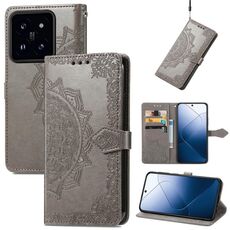 Custodia per telefono in pelle goffrata con fiori Mandala per Xiaomi 14 Pro (grigio)