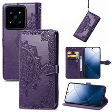 Custodia per telefono in pelle goffrata con fiori Mandala per Xiaomi 14 Pro (viola)