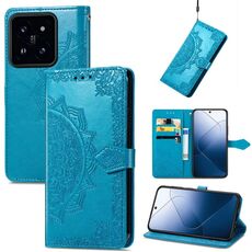 Custodia per telefono in pelle goffrata con fiori Mandala per Xiaomi 14 Pro (blu)