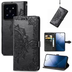 Per Xiaomi 14 Pro Custodia per telefono in pelle con motivo floreale mandala in rilievo (nera)