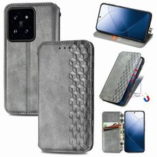 Custodia per telefono in pelle magnetica pressata con griglia cubica per Xiaomi 14 Pro (grigio)
