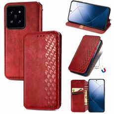 Custodia per telefono in pelle magnetica pressata con griglia cubica per Xiaomi 14 Pro (rossa)