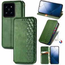 Custodia per telefono in pelle magnetica pressata con griglia cubica per Xiaomi 14 Pro (verde)