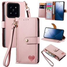 Per Xiaomi 14pro Love Custodia in pelle con cordino con cerniera (rosa)