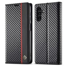 Per Samsung Galaxy A15 LC.IMEEKE Custodia per telefono in pelle in fibra di carbonio (nera verticale)