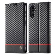 Per Samsung Galaxy A15 LC.IMEEKE Custodia per telefono in pelle in fibra di carbonio (nero orizzontale)