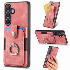 Per Samsung Galaxy S24+ 5G Custodia per telefono a portafoglio con carta ad anello effetto pelle retrò (rosa)