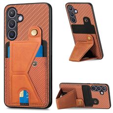 Per Samsung Galaxy S24+ 5G Custodia a portafoglio in fibra di carbonio con supporto a forma di K (marrone)