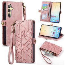 Custodia per telefono in pelle con fibbia laterale con cerniera geometrica per Samsung Galaxy S24+ 5G (rosa)