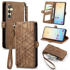Custodia per telefono in pelle con fibbia laterale con cerniera geometrica per Samsung Galaxy S24+ 5G (marrone)