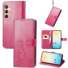 Per Samsung Galaxy S24+ 5G Custodia in pelle con fibbia a quattro foglie con fibbia in rilievo (Magenta)