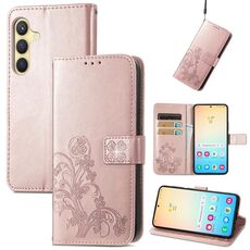 Per Samsung Galaxy S24+ 5G Custodia per telefono in pelle con fibbia a quattro foglie con fibbia in rilievo (oro rosa)