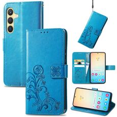 Per Samsung Galaxy S24+ 5G Custodia per telefono in pelle con fibbia a quattro foglie con fibbia in rilievo (blu)