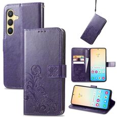 Per Samsung Galaxy S24+ 5G Custodia per telefono in pelle con fibbia a quattro foglie con fibbia in rilievo (viola)