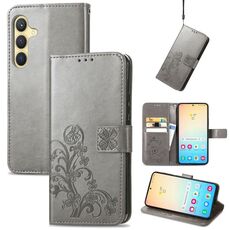 Per Samsung Galaxy S24+ 5G Custodia per telefono in pelle con fibbia a quattro foglie con fibbia in rilievo (grigio)