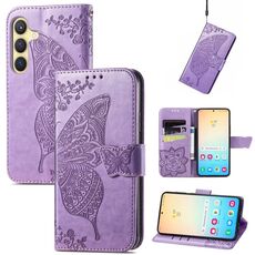 Per Samsung Galaxy S24 5G Custodia per cellulare in pelle goffrata con fiori d'amore a forma di farfalla (viola chiaro)