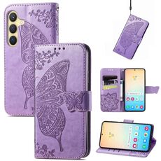 Per Samsung Galaxy S24+ 5G Custodia per cellulare in pelle goffrata con fiori d'amore a forma di farfalla (viola chiaro)