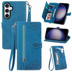 Custodia per telefono in pelle con cerniera fiore in rilievo per Samsung Galaxy S24 5G (blu)